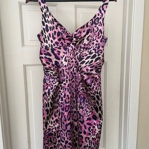 David Meister Pink and Purple Leopard Print Sleeveless Sheath Dress